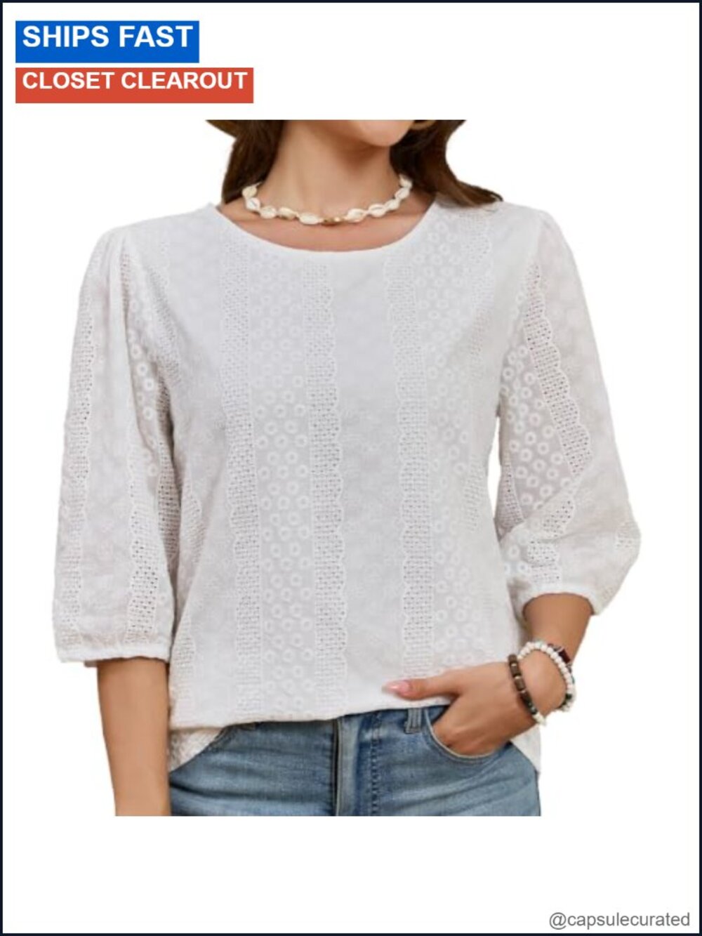 Women's Cotton Eyelet Embroidered Blouse 3/4 Sleeve Crew Neck Boho Tunic